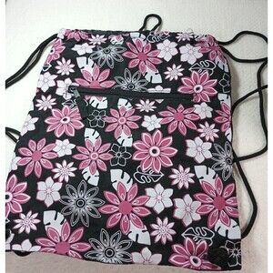 Pink & Black Floral Cinch Bag Nylon Backpack 12x15 Drawstring Lightweight